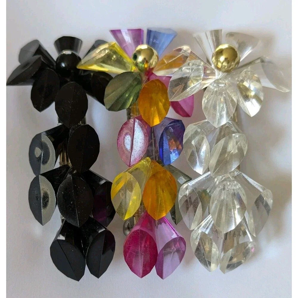 Vtg 80s Lucite Hair Barrette Clips Lot Of 3 Fancy Disco Rainbow Black Clear EUC